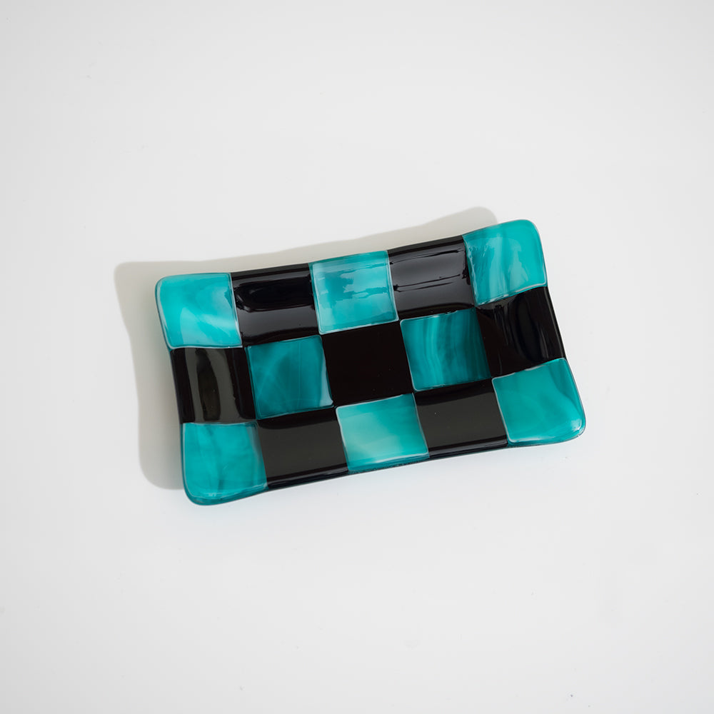 15x8cm Chequered Black & Streaky Peacock Blue/White Tray - Bullseye Collection