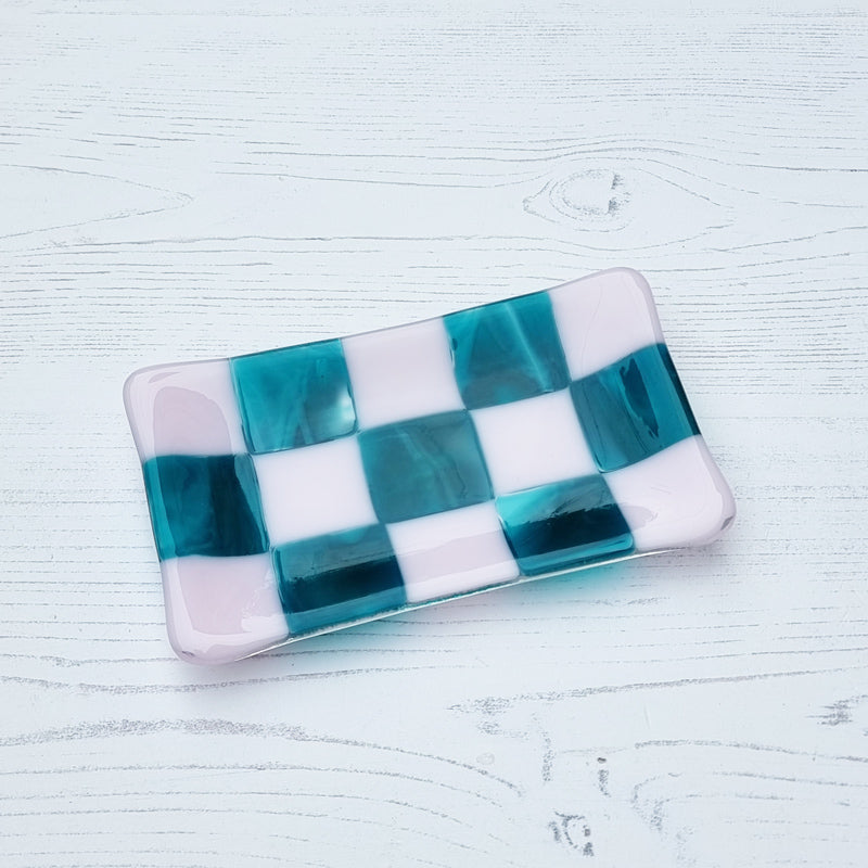 15x8cm Chequered Pink & Streaky Peacock Blue/White Tray - Bullseye Collection