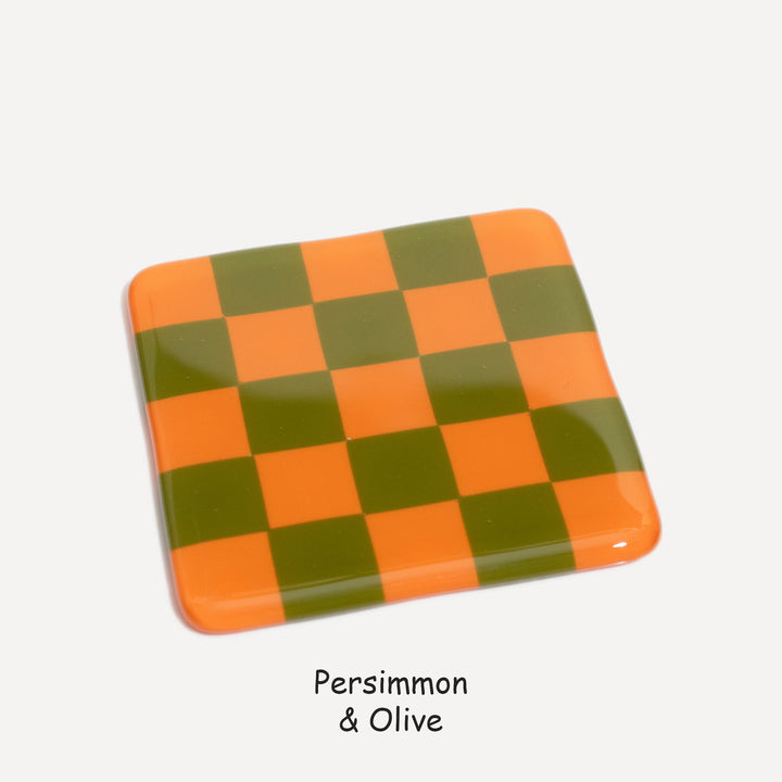 10cm Chequered Dual Colour Coaster - Oceanside Collection - Persimmon &amp; Olive image