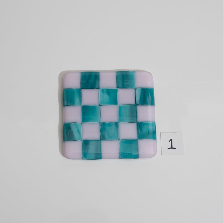 Pink & Streaky Peacock Blue Chequered Coaster - Bullseye Collection