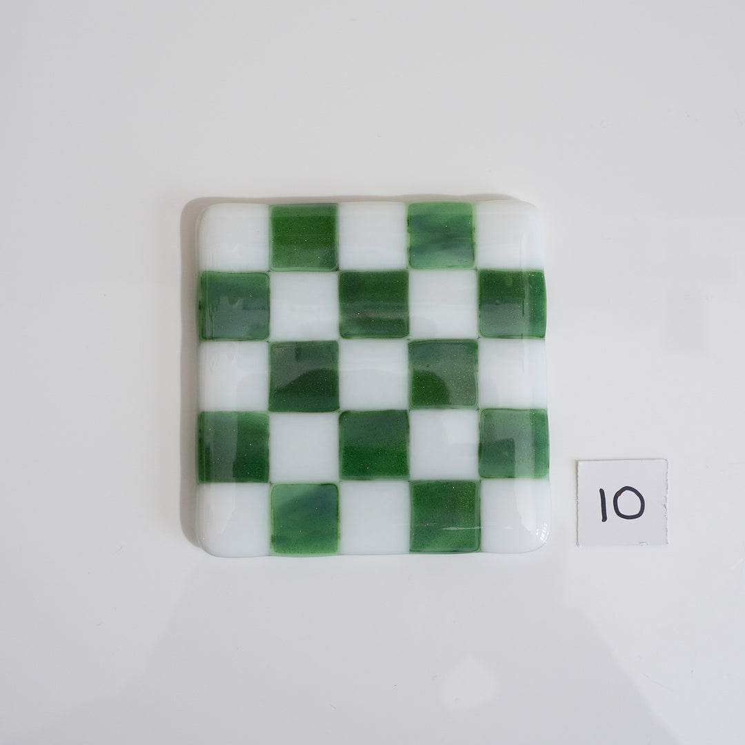 10cm White &amp; Streaky Green Chequered Coaster - Bullseye Collection