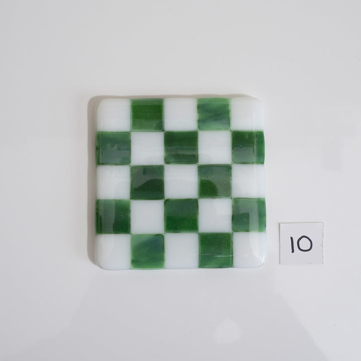 10cm White &amp; Streaky Green Chequered Coaster - Bullseye Collection