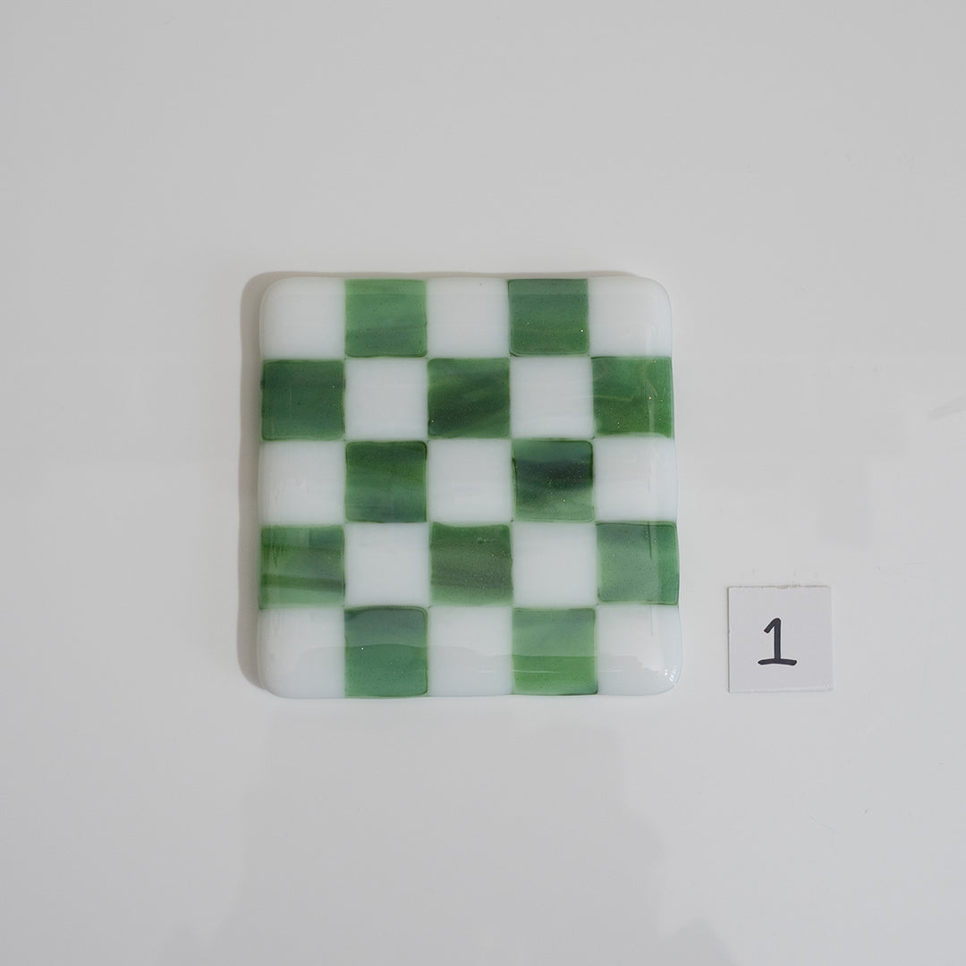 10cm White &amp; Streaky Green Chequered Coaster - Bullseye Collection