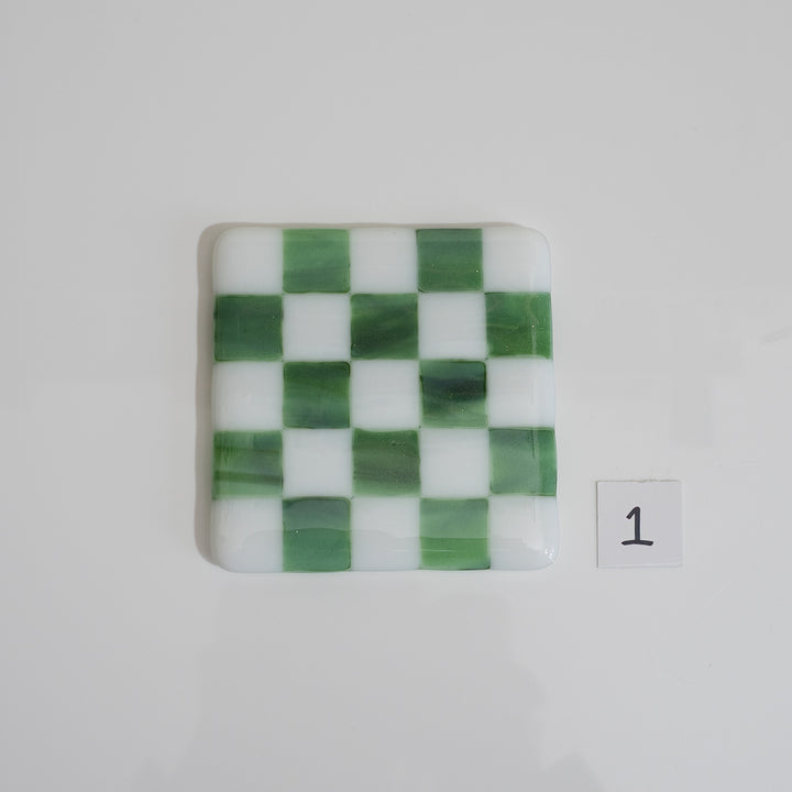 10cm White &amp; Streaky Green Chequered Coaster - Bullseye Collection
