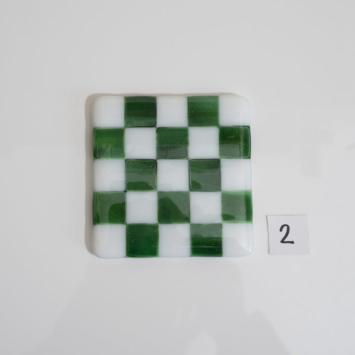 10cm White &amp; Streaky Green Chequered Coaster - Bullseye Collection