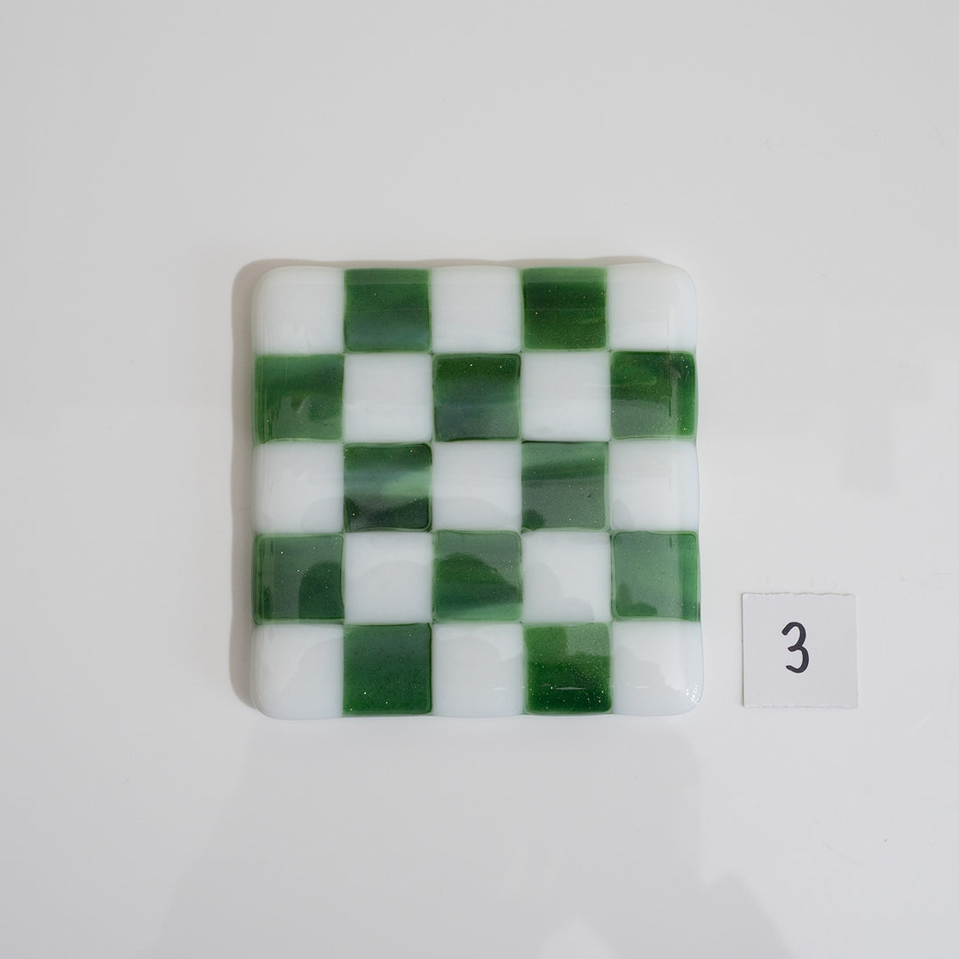 10cm White &amp; Streaky Green Chequered Coaster - Bullseye Collection