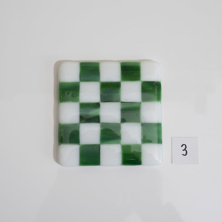 10cm White &amp; Streaky Green Chequered Coaster - Bullseye Collection