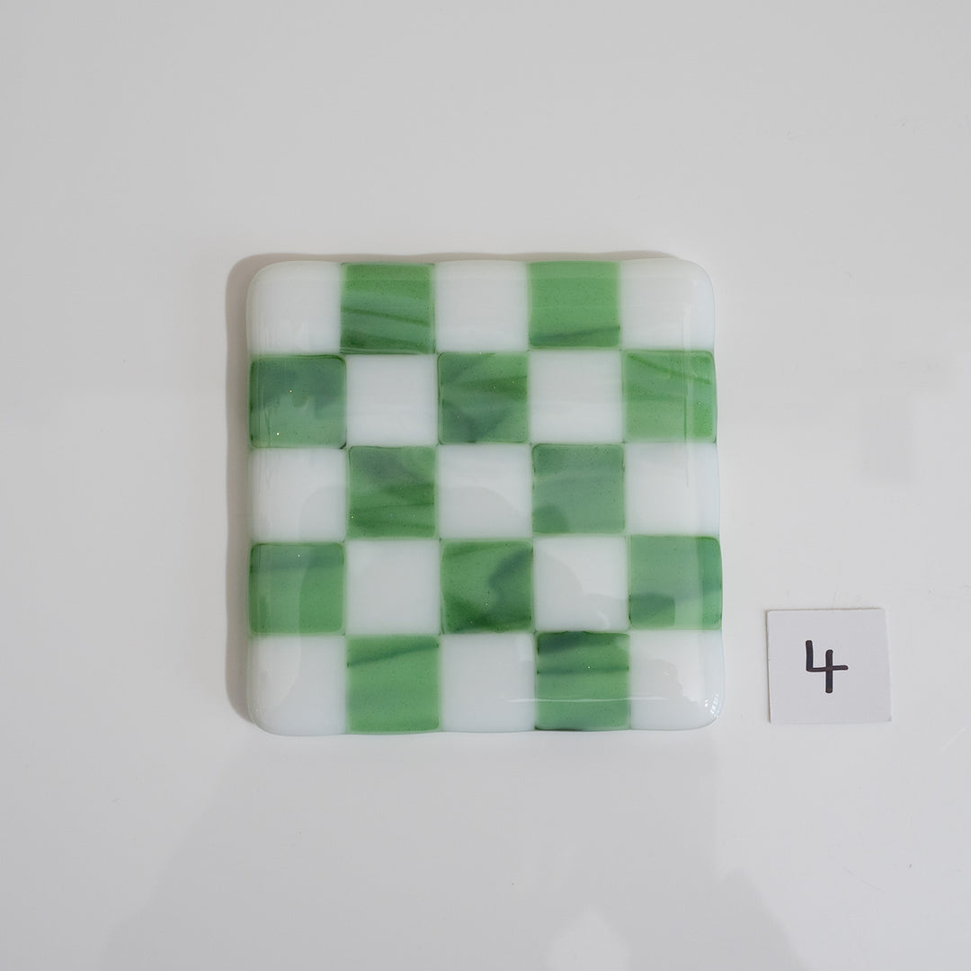 10cm White &amp; Streaky Green Chequered Coaster - Bullseye Collection
