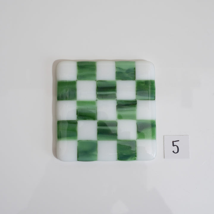 10cm White &amp; Streaky Green Chequered Coaster - Bullseye Collection