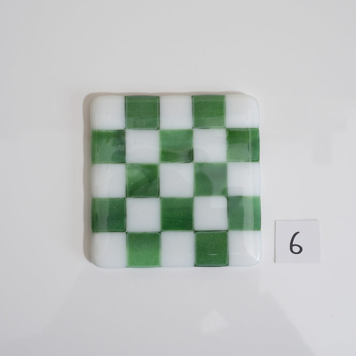 10cm White &amp; Streaky Green Chequered Coaster - Bullseye Collection