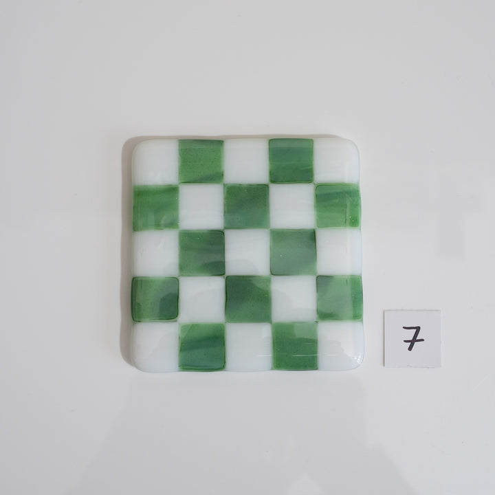 10cm White &amp; Streaky Green Chequered Coaster - Bullseye Collection