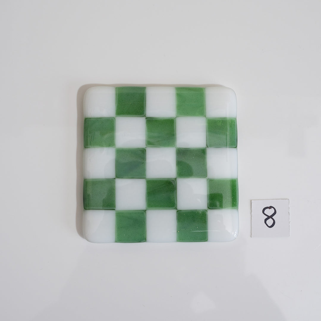 10cm White &amp; Streaky Green Chequered Coaster - Bullseye Collection