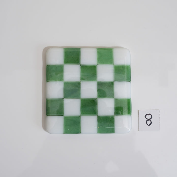 10cm White &amp; Streaky Green Chequered Coaster - Bullseye Collection