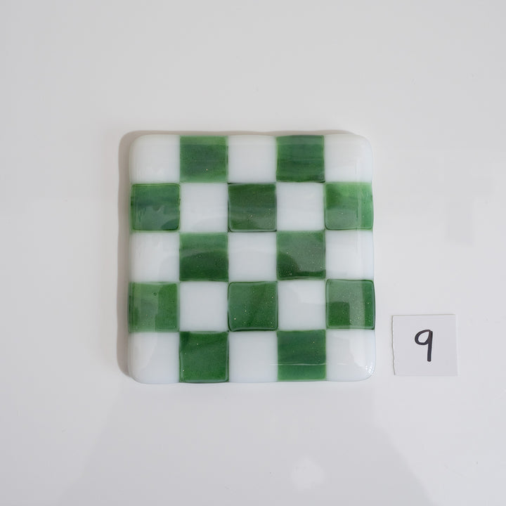 10cm White &amp; Streaky Green Chequered Coaster - Bullseye Collection