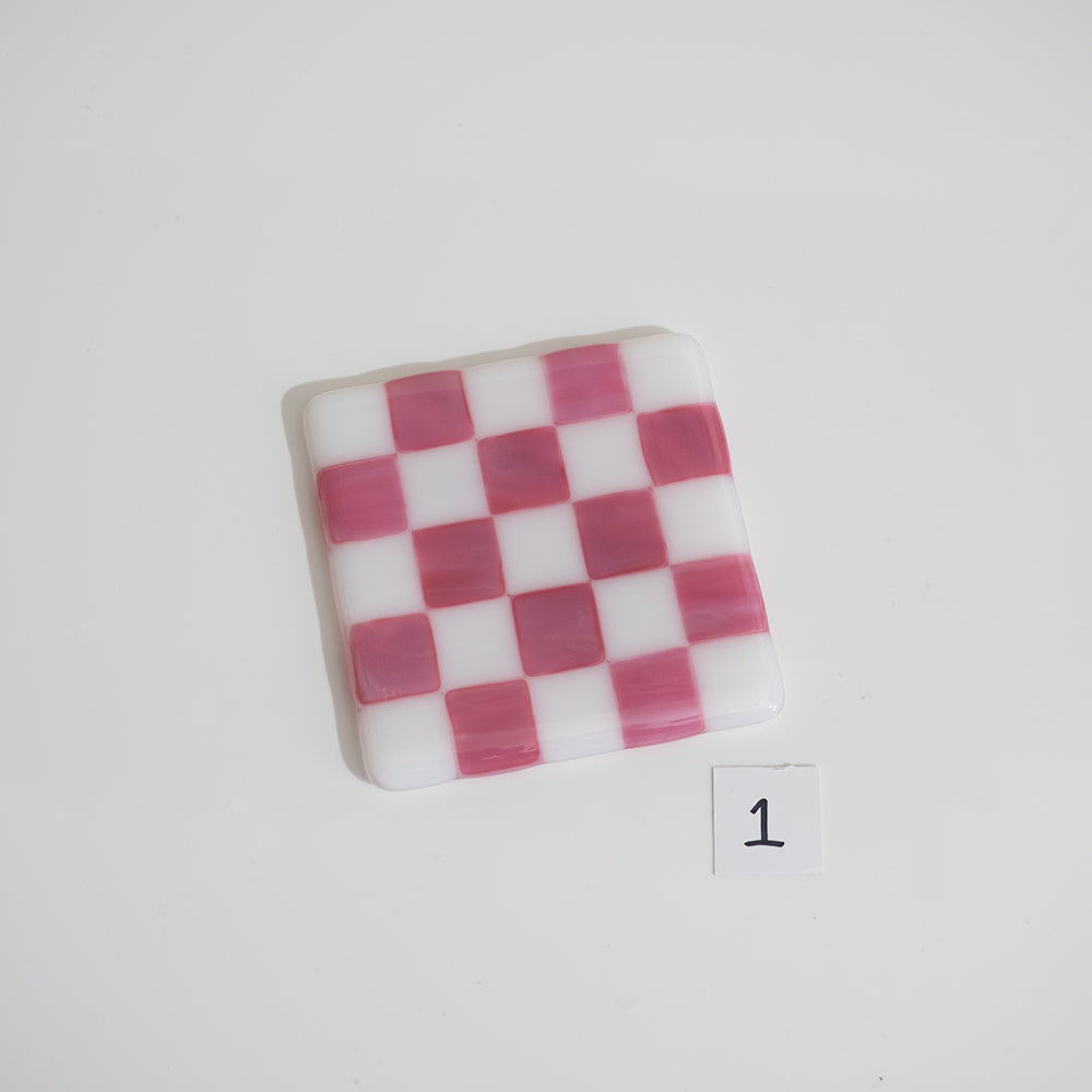 10cm White & Streaky Pink Chequered Coaster - Bullseye Collection