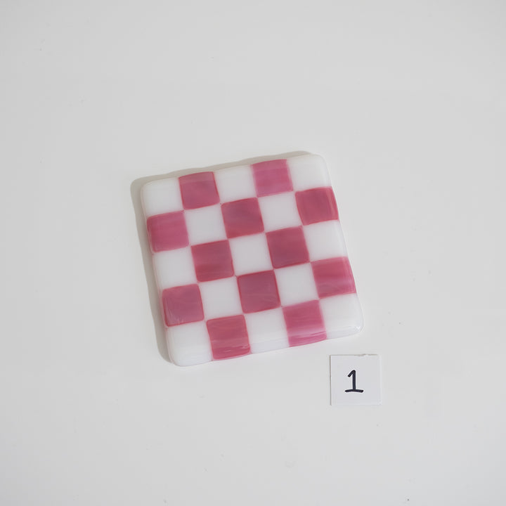 10cm White & Streaky Pink Chequered Coaster - Bullseye Collection