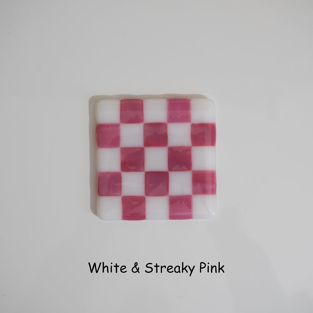 10cm White & Streaky Pink Chequered Coaster - Bullseye Collection