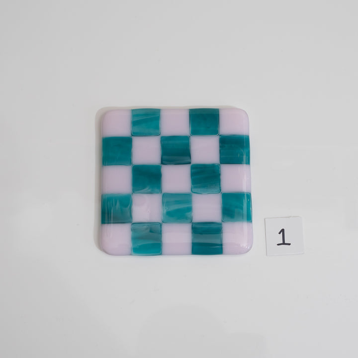 Pink & Streaky Peacock Blue Chequered Coaster - Bullseye Collection