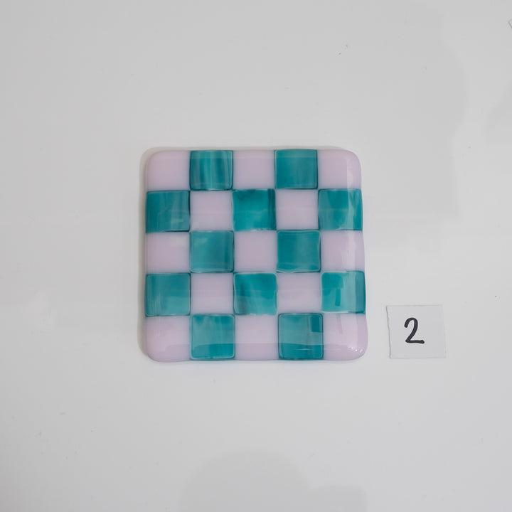 Pink & Streaky Peacock Blue Chequered Coaster - Bullseye Collection