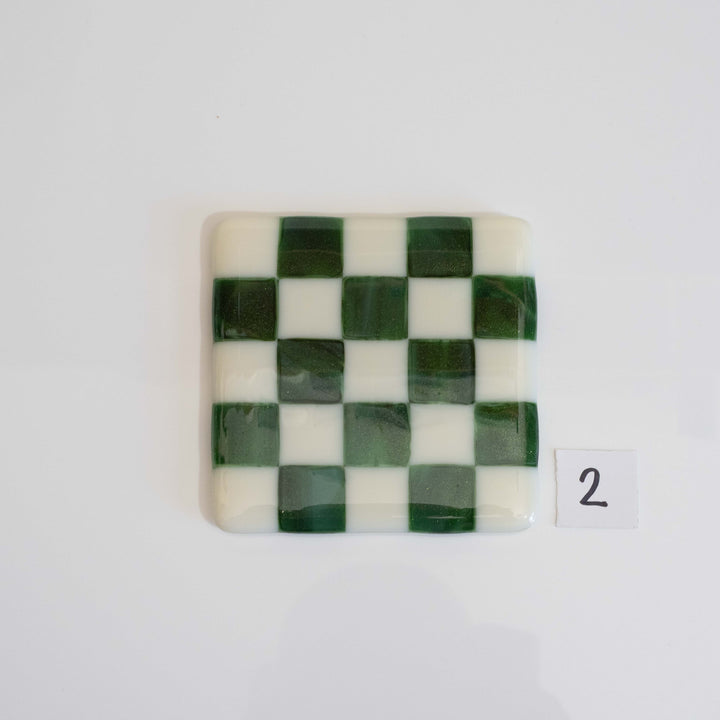 10cm Cream &amp; Streaky Green Chequered Coaster - Bullseye Collection