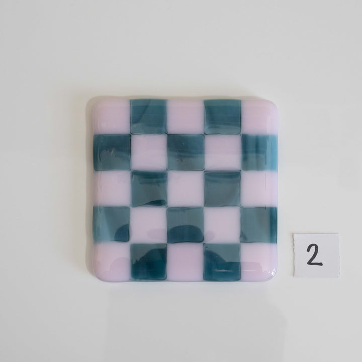 10cm Pink &amp; Streaky Blue Chequered Coaster - Bullseye Collection