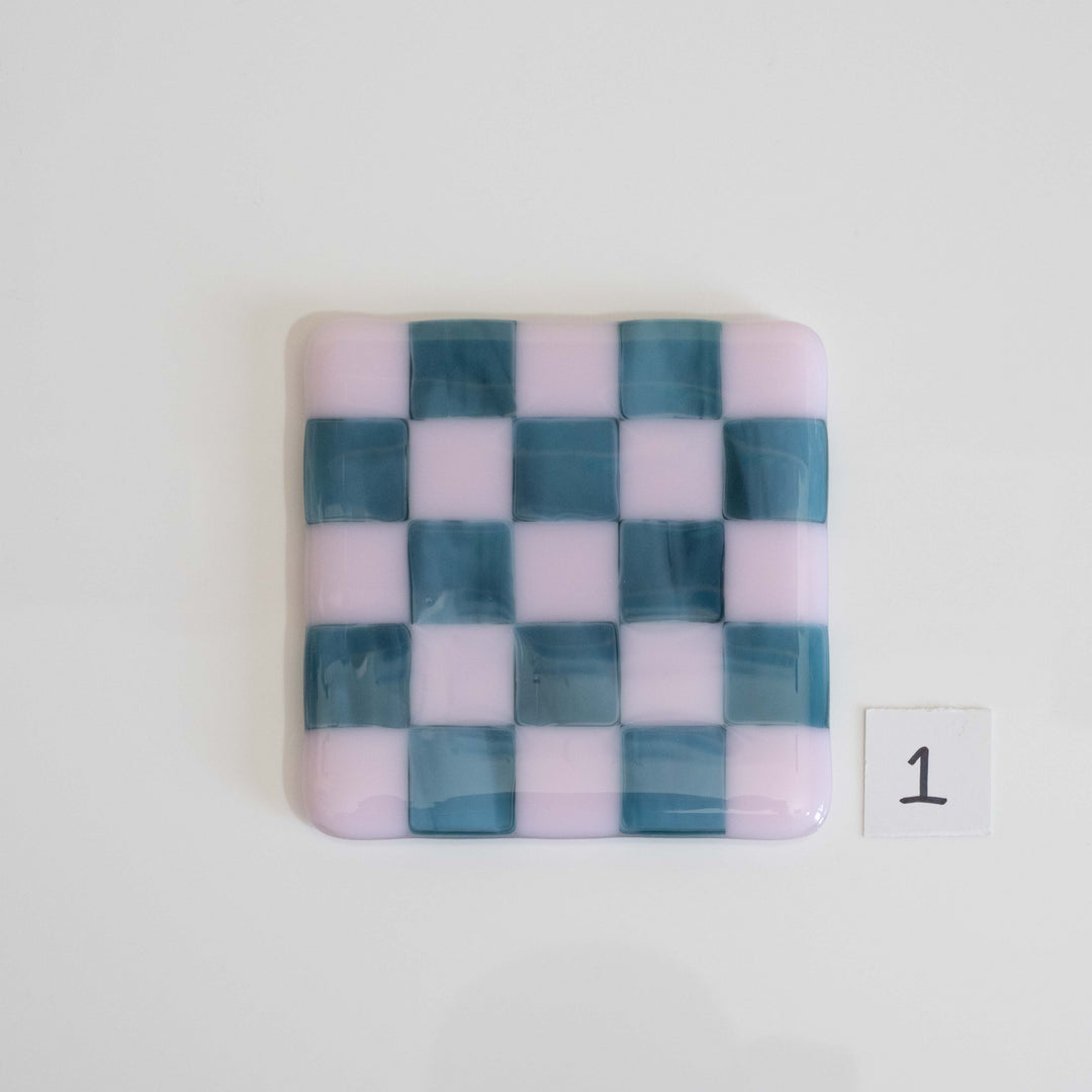 10cm Pink &amp; Streaky Blue Chequered Coaster - Bullseye Collection