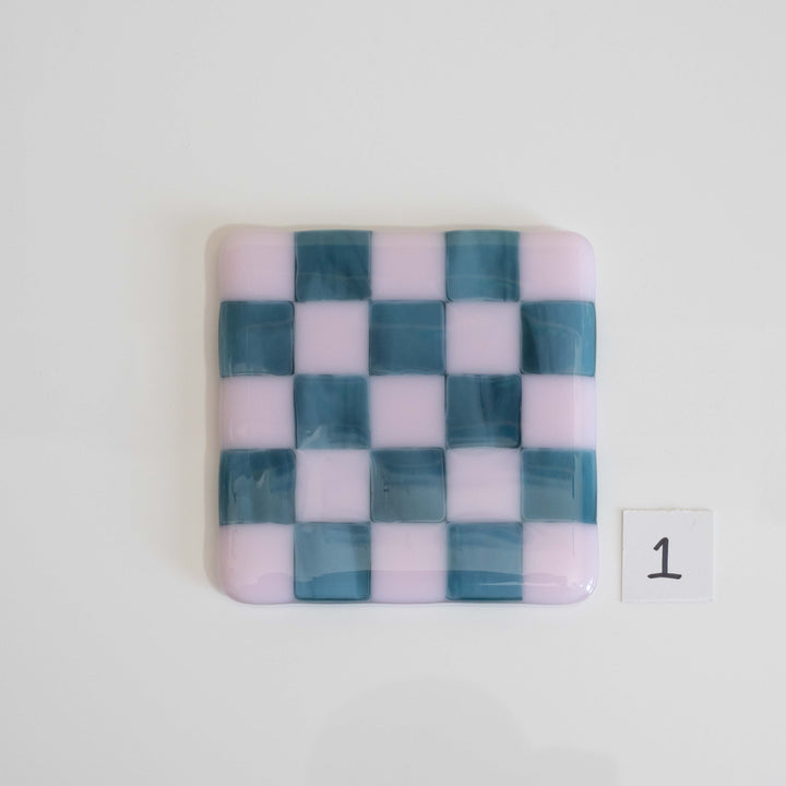 10cm Pink &amp; Streaky Blue Chequered Coaster - Bullseye Collection