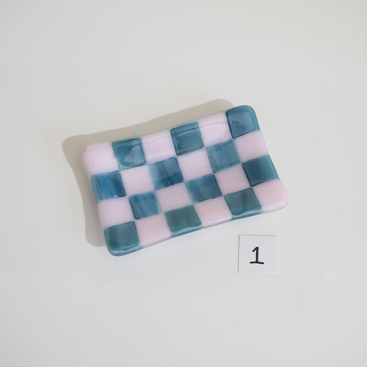 12x7cm Pink & Streaky Blue Chequered Tray - Bullseye Collection