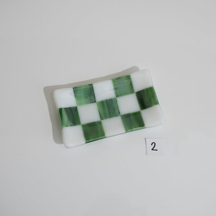 15x8cm White & Streaky Green Chequered Medium Tray - Bullseye Collection