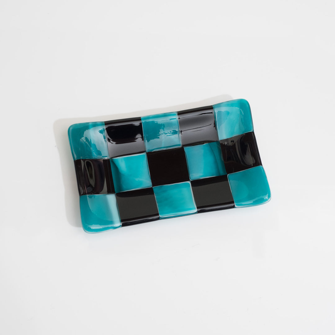 15x8cm Chequered Black & Streaky Peacock Blue/White Tray - Bullseye Collection