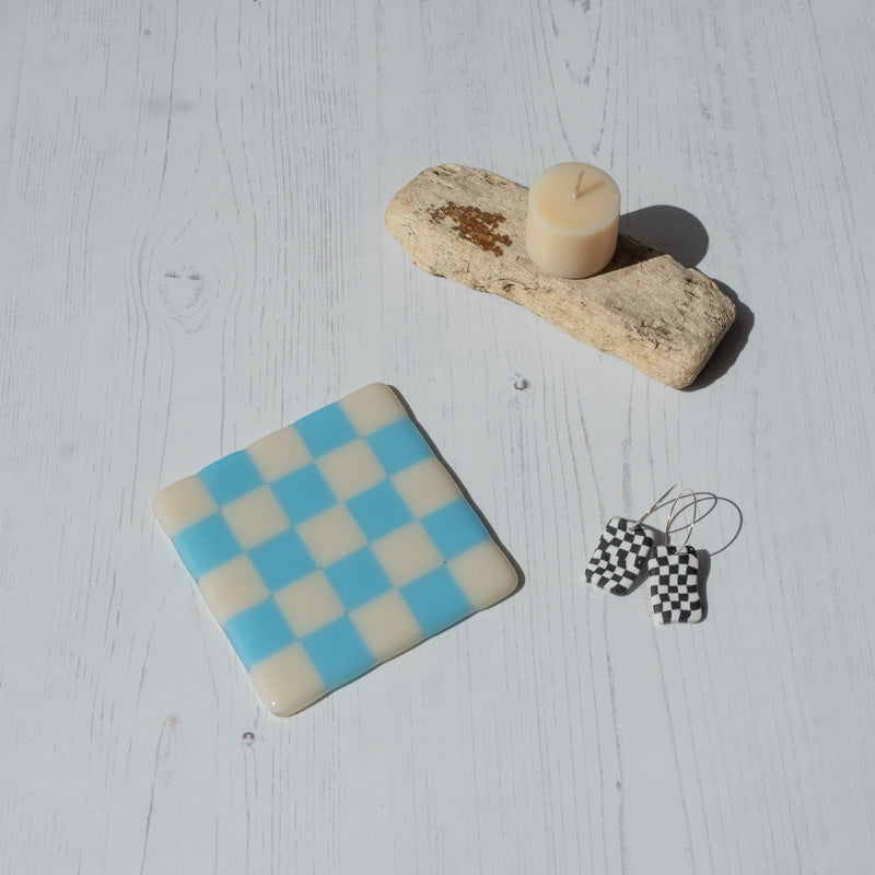 10cm Chequered Dual Coloured Coaster - Almond &amp; Blue Glacier image