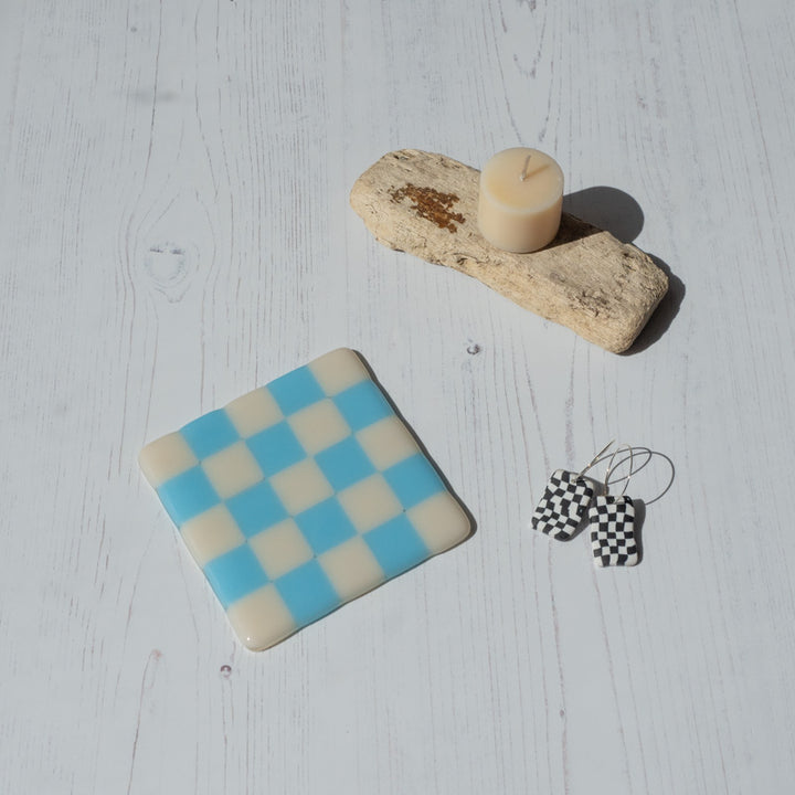 10cm Chequered Dual Coloured Coaster - Almond &amp; Blue Glacier image