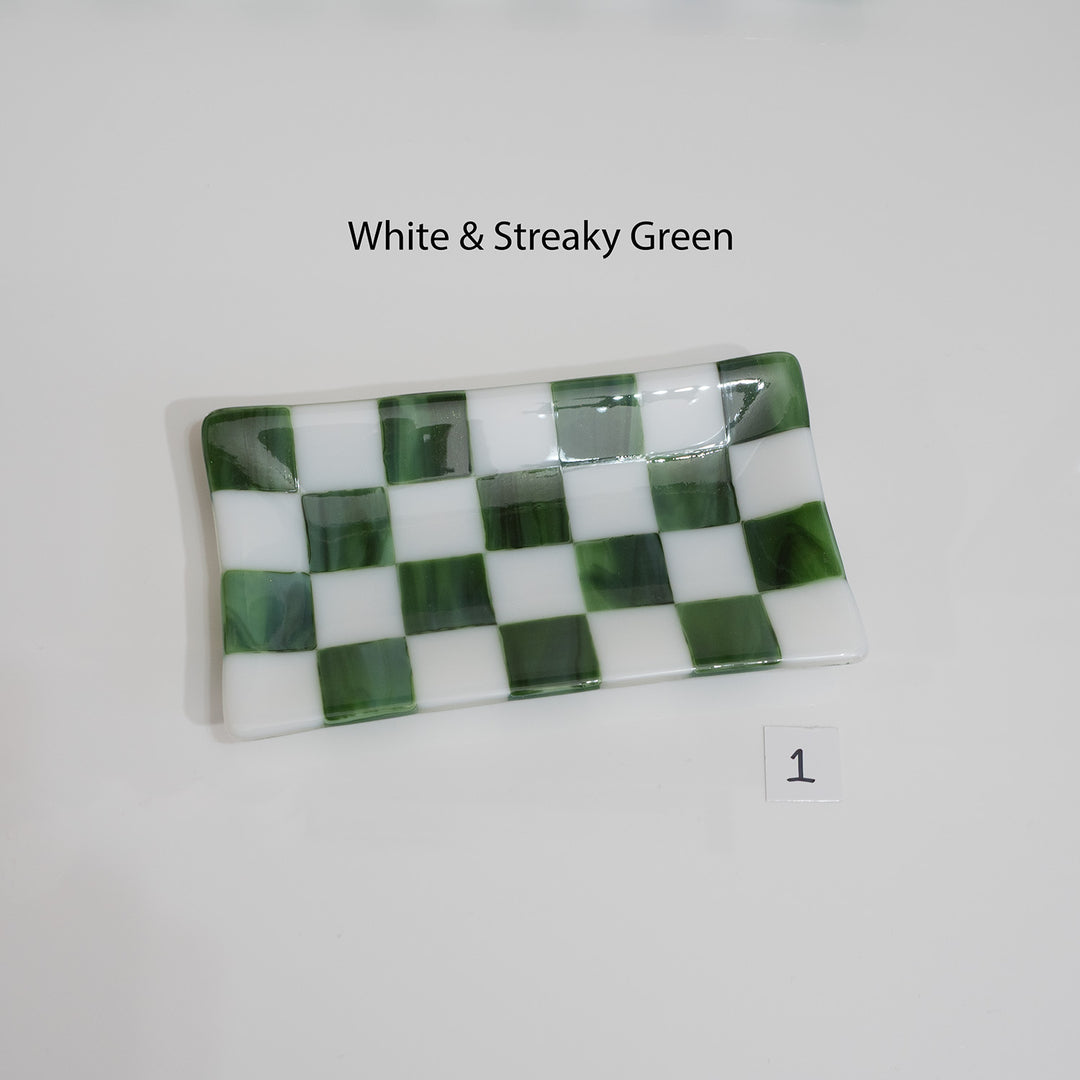 21x12cm White & Streaky Green Chequered Large Tray - Bullseye Collection