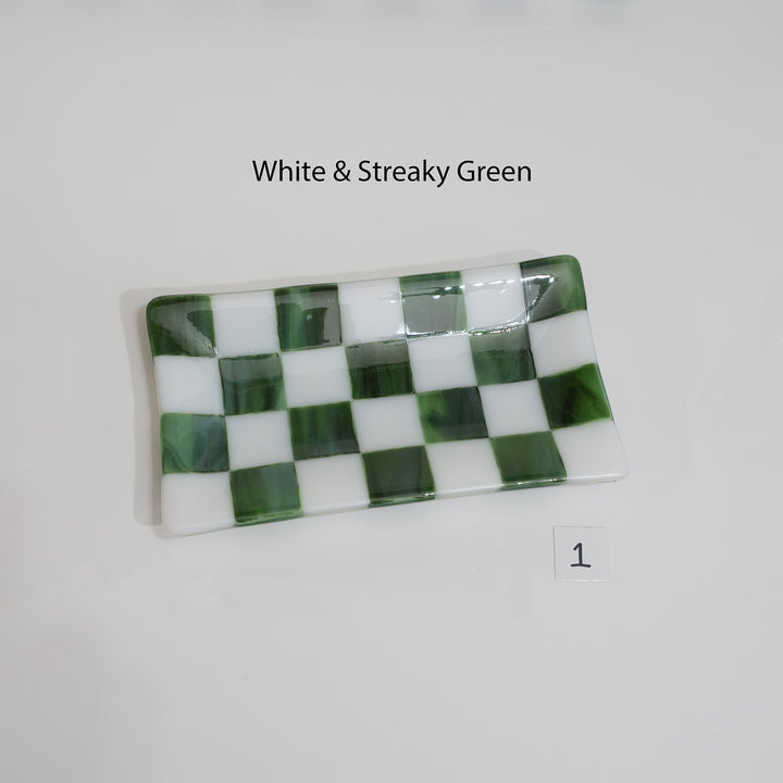 21x12cm White & Streaky Green Chequered Large Tray - Bullseye Collection