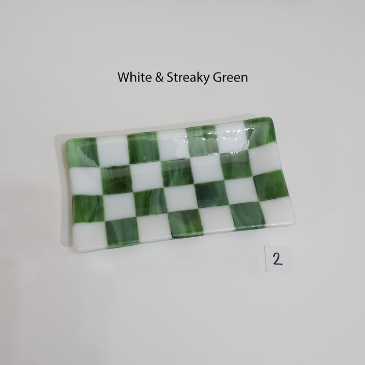 21x12cm White & Streaky Green Chequered Large Tray - Bullseye Collection