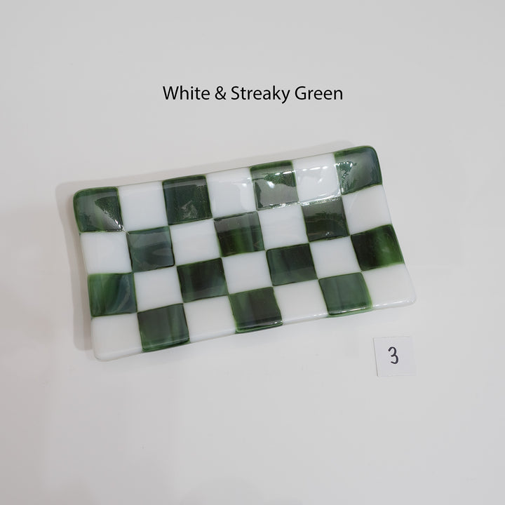21x12cm White & Streaky Green Chequered Large Tray - Bullseye Collection