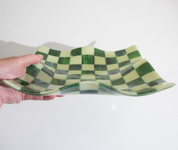 27cm Square Crumpled Serving Bowl in Artichoke & Streaky Green - Bullseye Collection