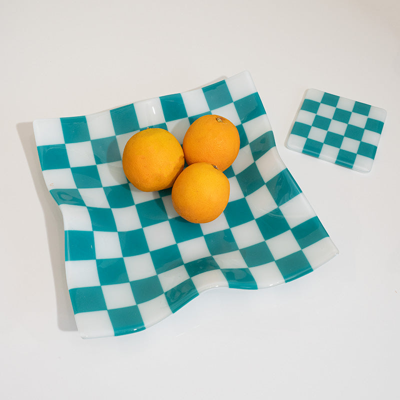 27cm Square Crumpled Serving Bowl - White & Peacock Green - Oceanside Collection