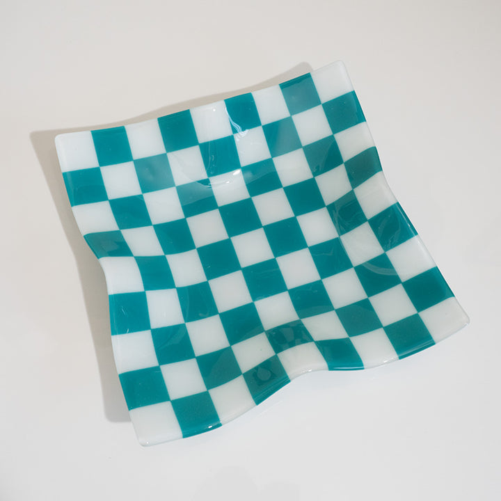 27cm Square Crumpled Serving Bowl - White & Peacock Green - Oceanside Collection