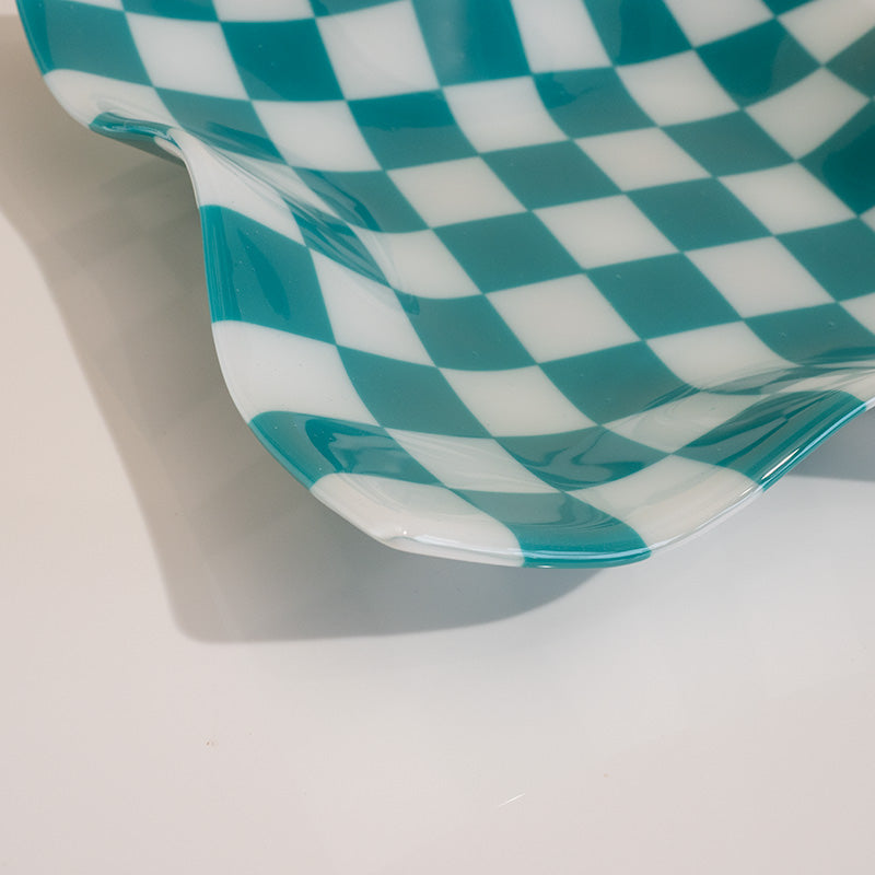 27cm Square Crumpled Serving Bowl - White & Peacock Green - Oceanside Collection