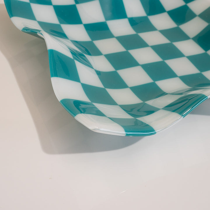27cm Square Crumpled Serving Bowl - White & Peacock Green - Oceanside Collection