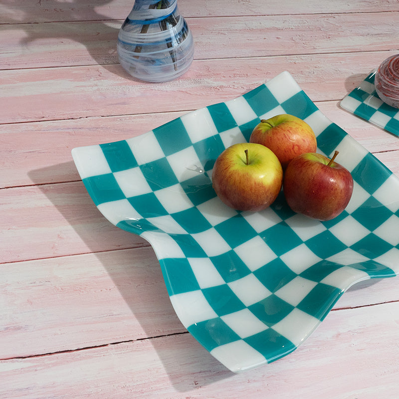 27cm Square Crumpled Serving Bowl - White & Peacock Green - Oceanside Collection