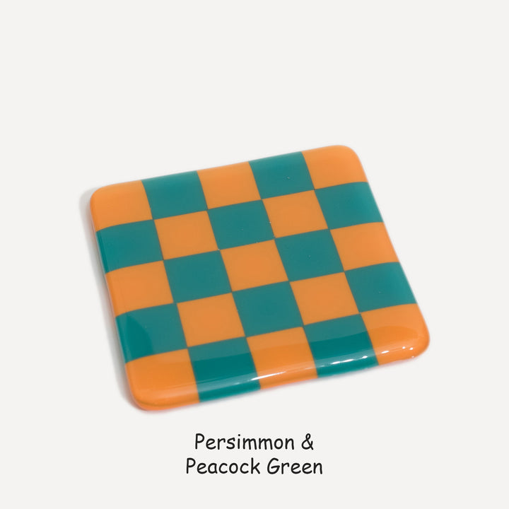 10cm Chequered Dual Colour Coaster - Oceanside Collection - Persimmon &amp; Peacock Green image