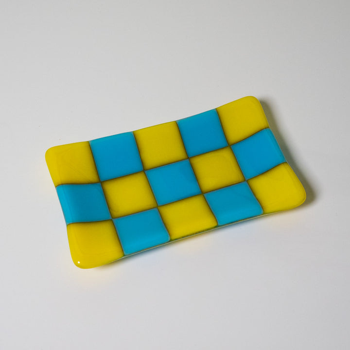 15x8cm Chequered Dual Coloured Tray - Yellow &amp; Blue image