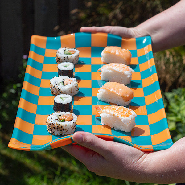 40x23cm Chequered Persimmon & Peacock Green Serving Tray - Oceanside Collection