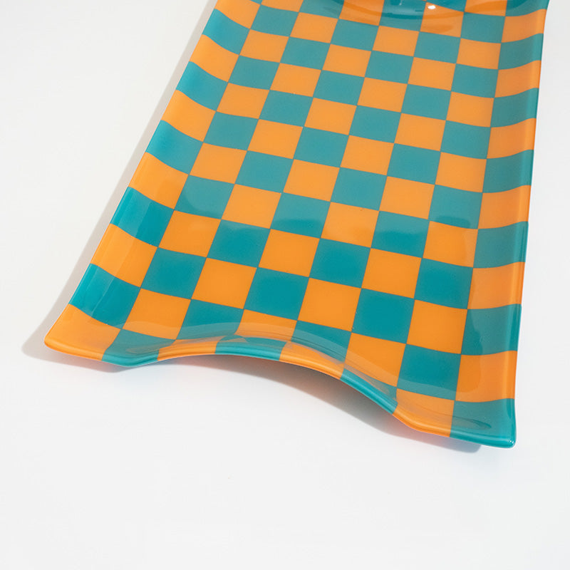 40x23cm Chequered Persimmon & Peacock Green Serving Tray - Oceanside Collection