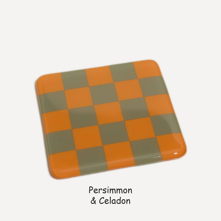 10cm Chequered Dual Colour Coaster - Oceanside Collection - Persimmon &amp; Celadon image