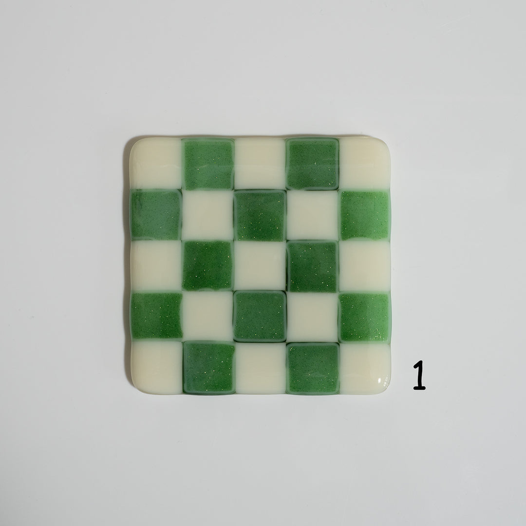10cm Cream &amp; Streaky Green Chequered Coaster - Bullseye Collection