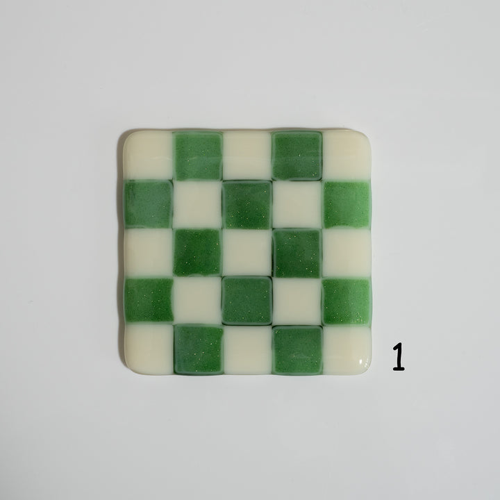10cm Cream &amp; Streaky Green Chequered Coaster - Bullseye Collection
