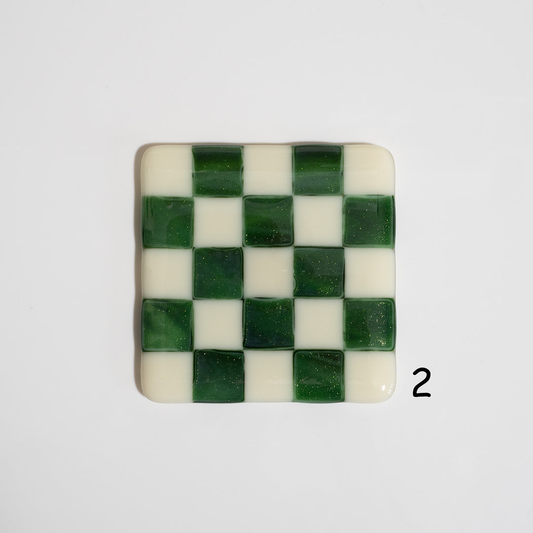 10cm Cream &amp; Streaky Green Chequered Coaster - Bullseye Collection